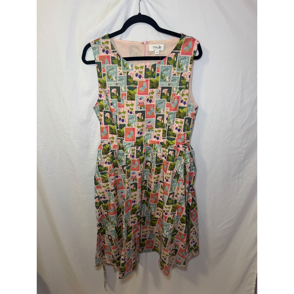 Pink Postage Stamp Print Fit Flare Dress M Cottagecore Coquette Tulip B NWT